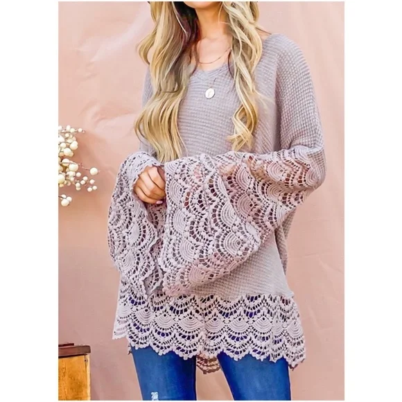 034 Boho Lace Bell Sleeve Waffle Knit Tunic Top - Picture 7 of 13